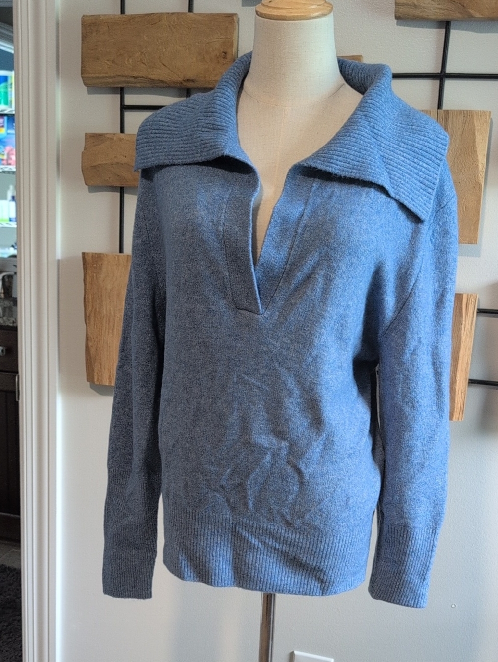 White House Black Market Dusty Blue Fold-Over Collar V-Neck Sweater
